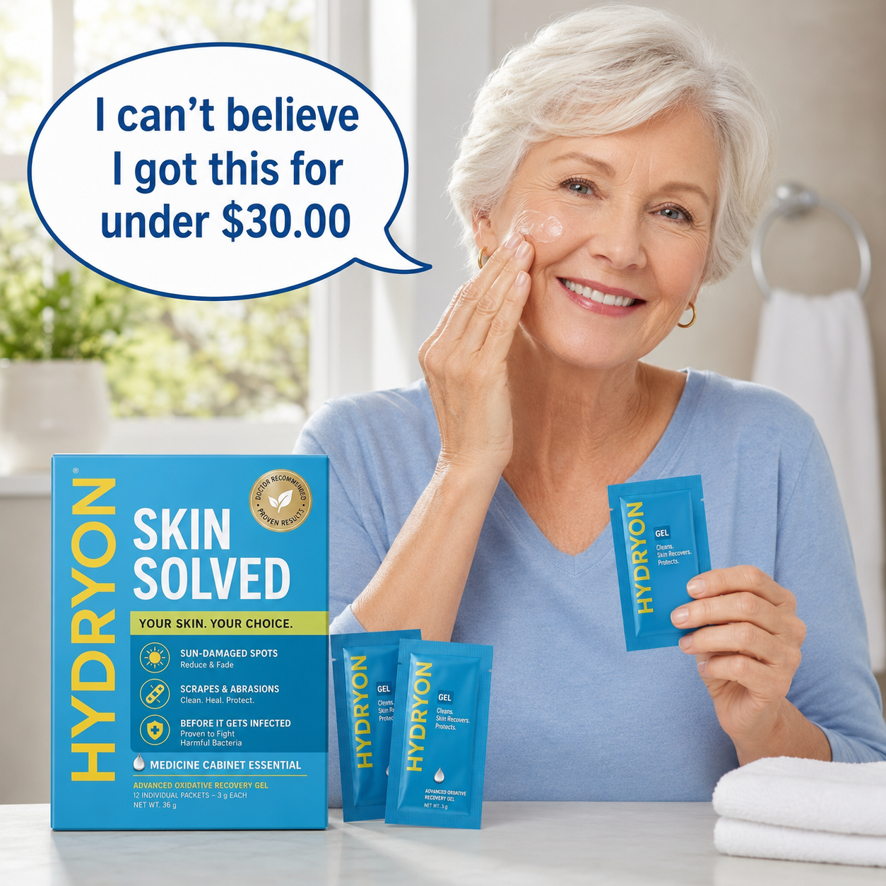 Senior woman applying HYDRYON with product packaging